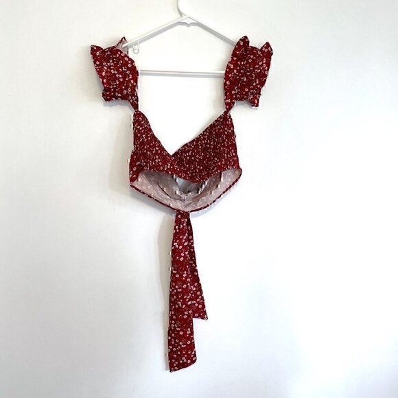 SHEIN? Rust Red White Floral Off the Shoulder Tie Bow Smocked Back Boho Crop Top - Picture 9 of 11